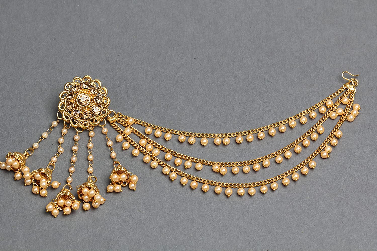 Bindhani Fashion Bollywood Jewellery Traditional Ethnic Bridal Bride Wedding Bridesmaid Gold Plated Kundan Pearl Drop Jhumka Jhumki Head chain Indian Bahubali Earrings Jewelry For Women - Image 5